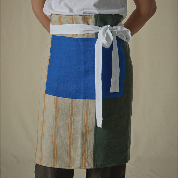 Atelier Patchwork Apron in Marigold Stripe, Pine & Cobalt