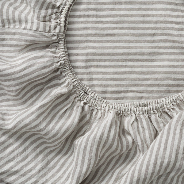 100% Linen Fitted Sheet in Grey & White Stripe