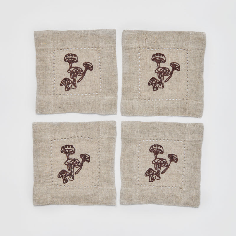 100% Linen Coaster Set with Hem Stitch & Embroidery Detail in Natural