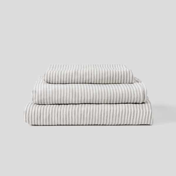100% Linen Sheet Set Grey & White Stripe