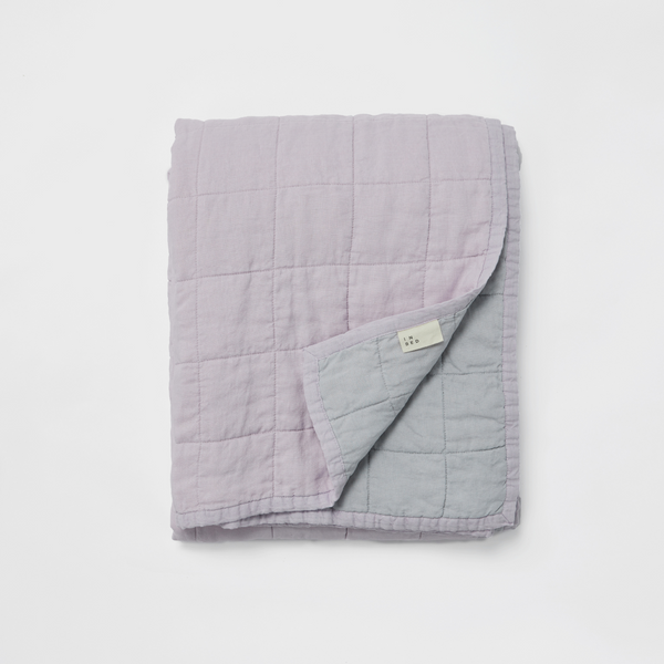 100% Linen Two Tone Quilted Bed Cover in Lilac & Mist