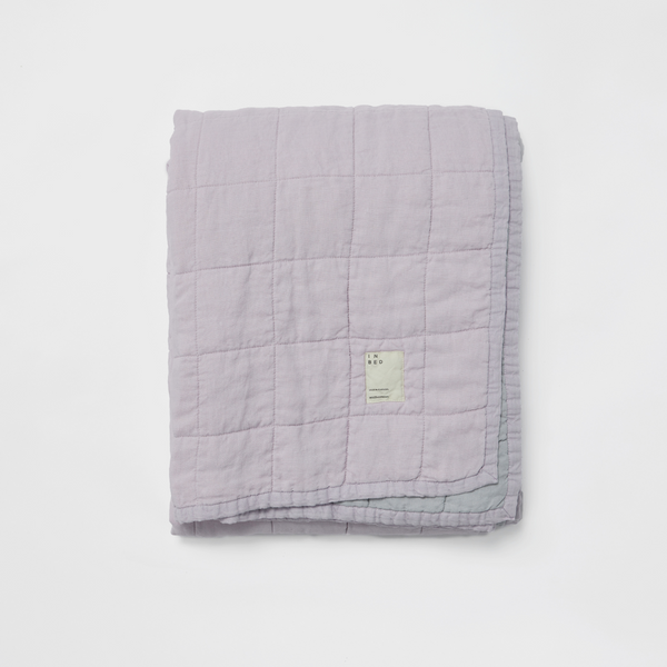 100% Linen Two Tone Quilted Bed Cover in Lilac & Mist