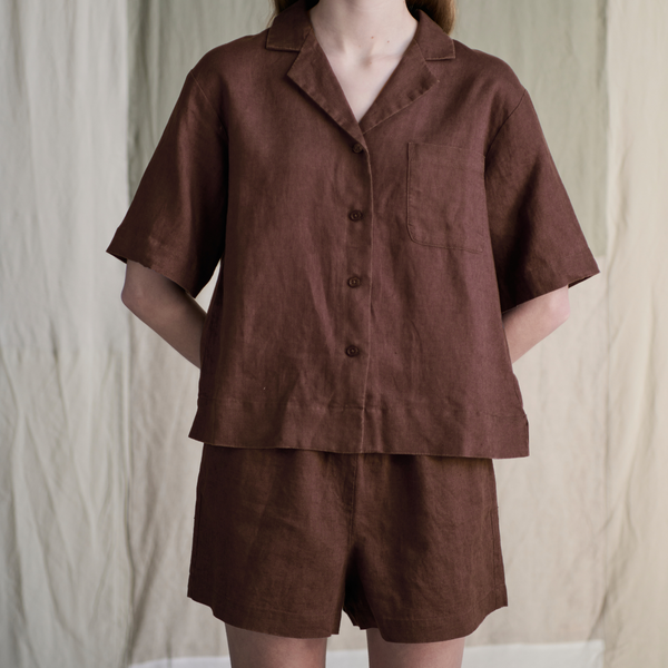 100% Linen Boxy Short Sleeve Shirt in Cocoa