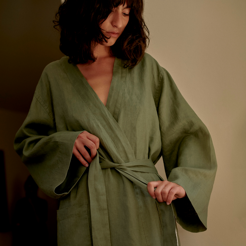 100% Linen Robe in Khaki