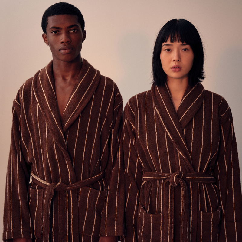 Organic Cotton Terry Bathrobe in Cocoa & Ivory Stripe