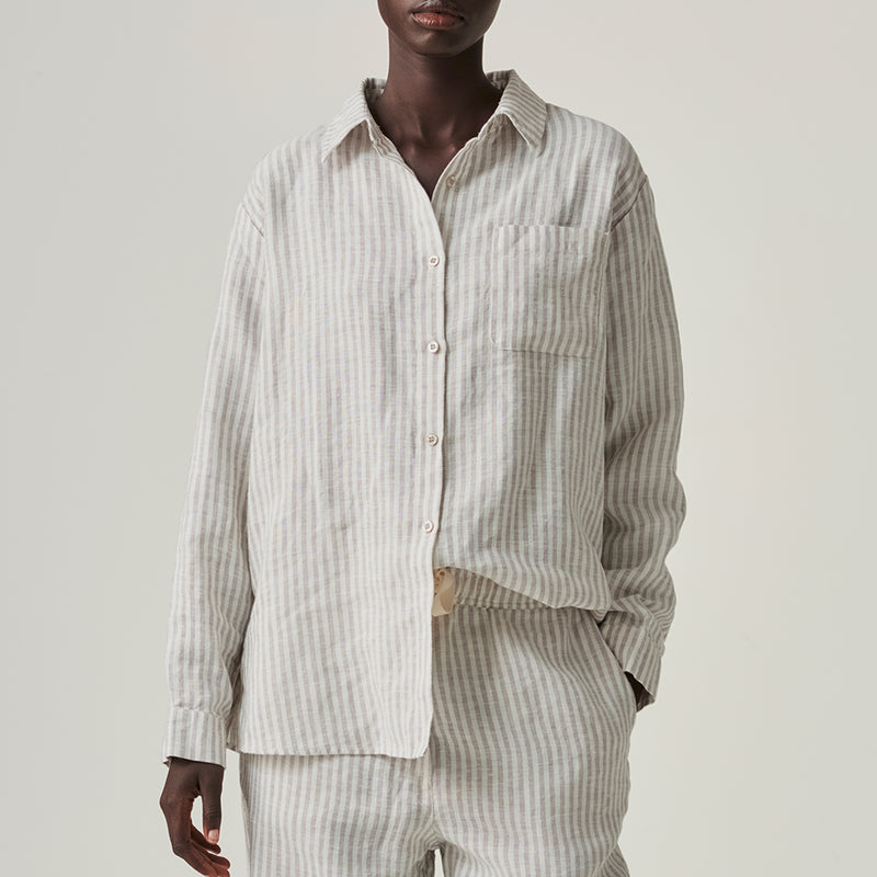100% Linen Shirt in Grey & White Stripe