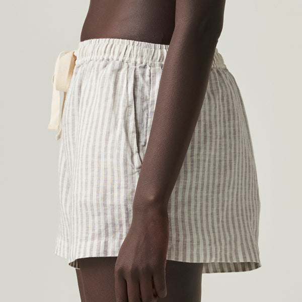 100% Linen Shorts in Grey & White Stripe