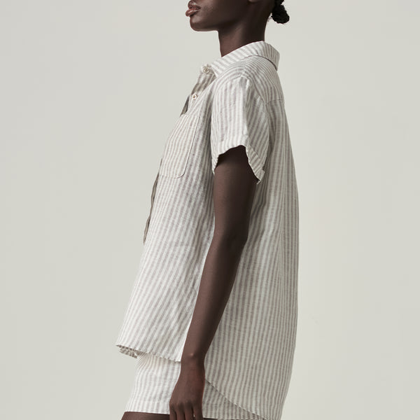 100% Linen Short Sleeve Shirt in Grey & White Stripe