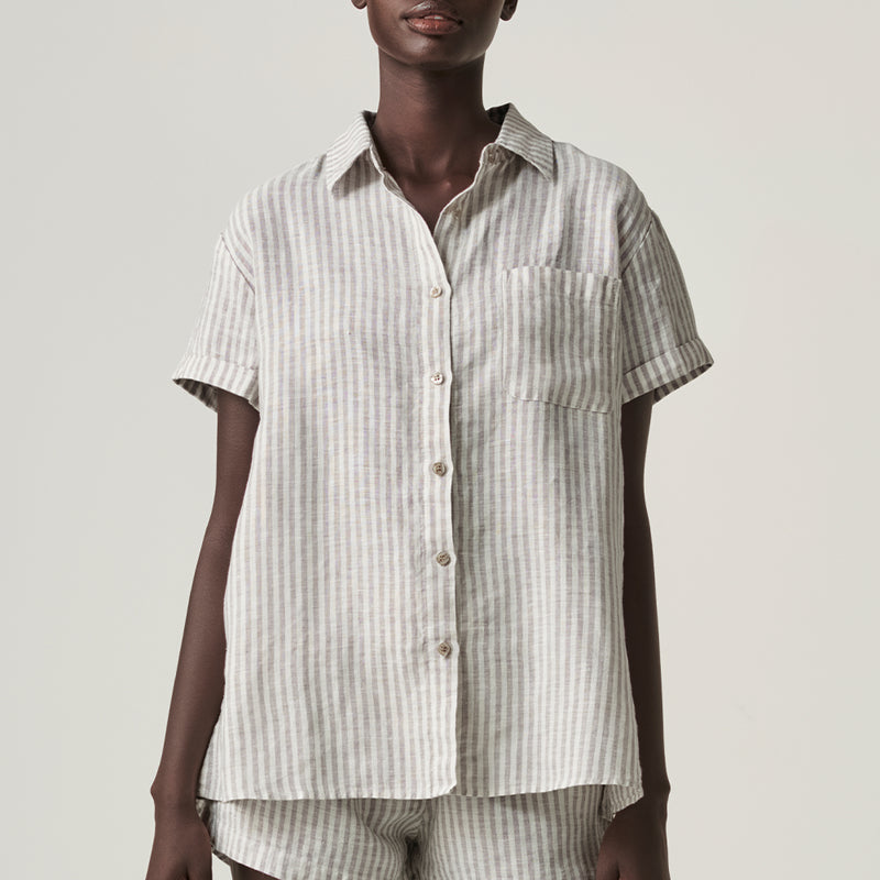 100% Linen Short Sleeve Shirt in Grey & White Stripe