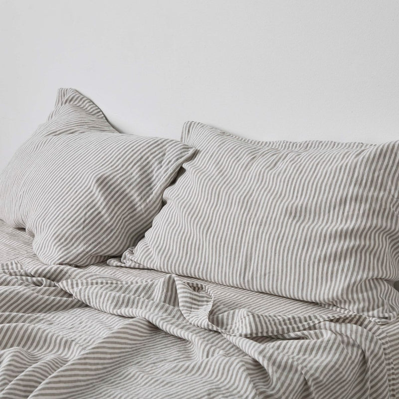 100% Linen Pillowslip Set (of two) in Grey & White Stripe