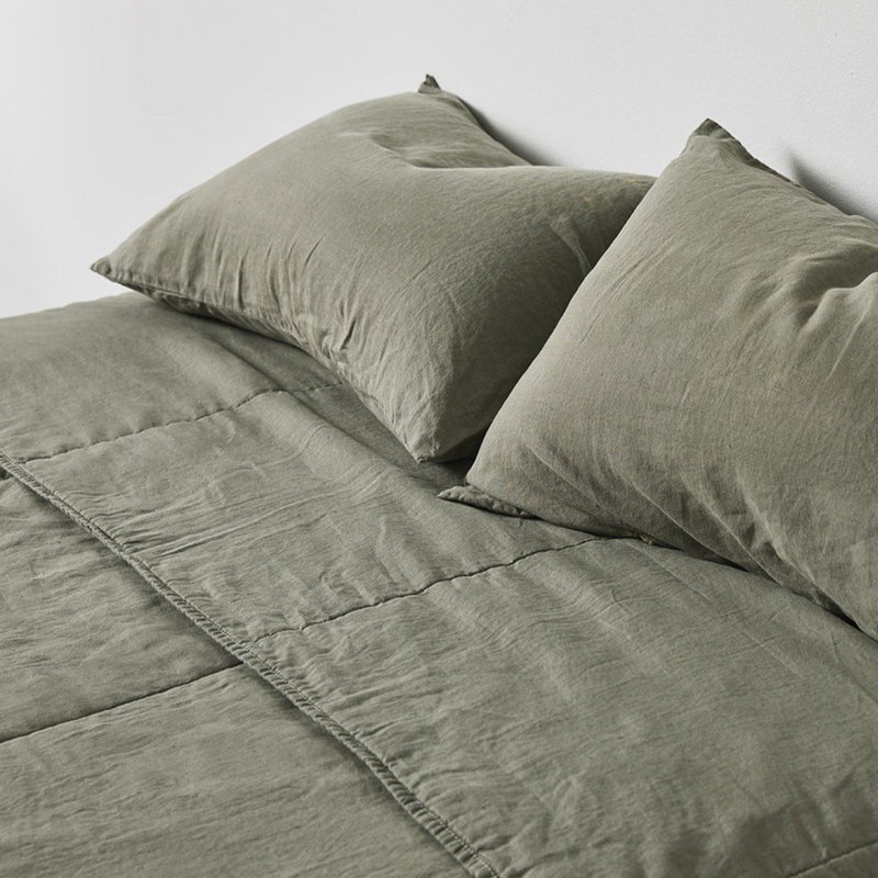 100% Linen Quilted Bed Cover in Khaki