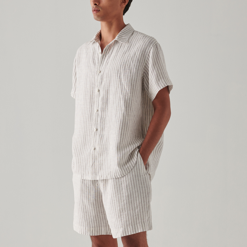 100% Linen Short Sleeve Shirt in Grey & White Stripe - Mens