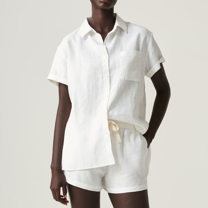 100% Linen Short Sleeve Shirt in White
