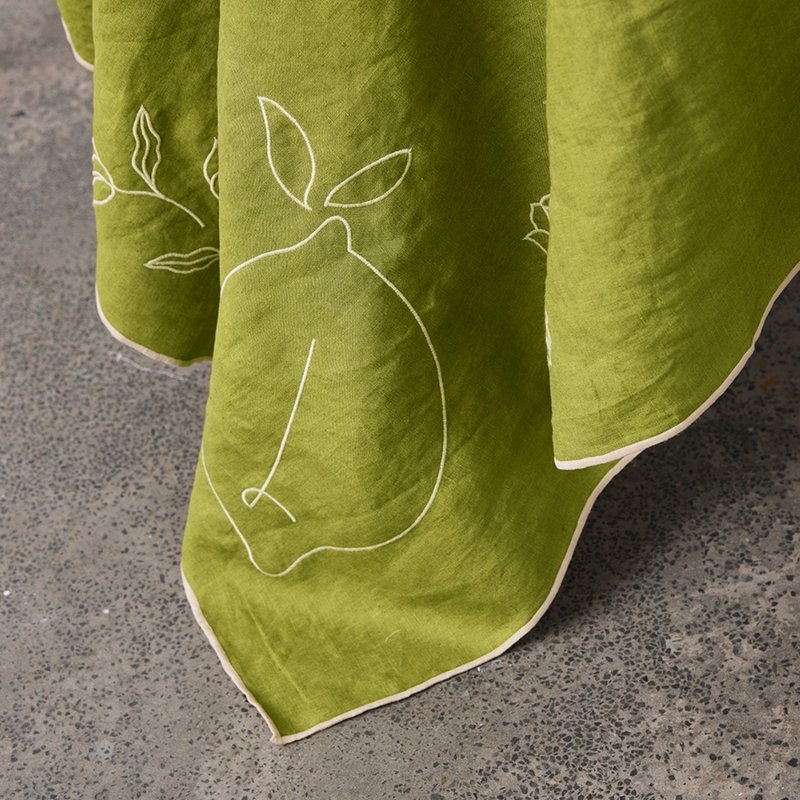 Embroidered Linen Table Cloth in Pickle